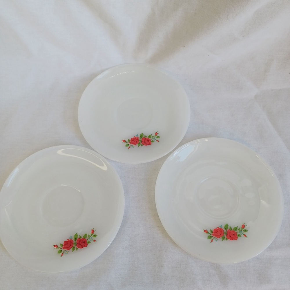 Anchor Hocking Fire King Roses Coffee Cup Saucers Set of 3